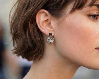 Textured Oxidized Sterling Silver Stud Earrings, Geometric Circle Design