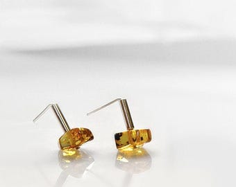 Amber Stud Earrings, Modern Minimalist Tiny in Sterling Silver