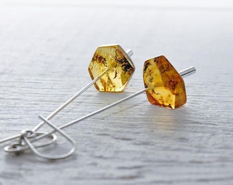 Sterling Silver Amber Dangle Earrings – Modern Minimalist Jewelry