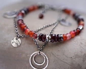 Agate, Garnet Oxidized Sterling Silver Bracelet, Gemstones Boho Jewellery, One of a kind
