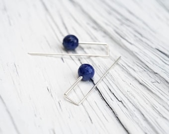 Minimalist Sterling Silver Sodalite Earrings, Geometric Handmade Blue Stone Earrings, Modern Everyday Jewelry