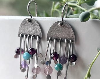 Boho Earrings with Natural Gemstones, Silver and Oxidized Finish