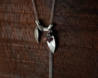 Oxidized Silver and Gemstones Delicate Necklace with Leaf Design