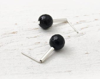 Minimalist Earrings with Faceted Onyx, Sterling Silver Studs for Everyday Wear