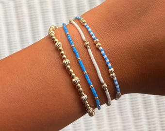 Dainty Blue & Gold Beaded Bracelet Stack – Coastal Seed Bead Set