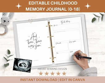 Puede incluir: Un archivador blanco con una imagen de ultrasonido en blanco y negro y el texto "And. Then. There was you." en la página izquierda. La página derecha tiene el título "Birth Details" con espacios en blanco para escribir. El archivador está sobre una superficie de madera blanca con un pequeño conejito de crochet y una planta verde.