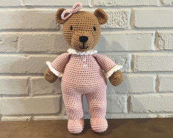 Crochet Stuffed Amigurumi Girl Bear in Pink Pajamas/ Plushie Bear/ Toy Bear/ Baby Gift