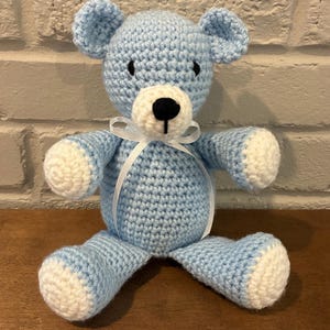 Crochet Stuffed Teddy Bear: Blue and White Plushie, Baby Shower Gift