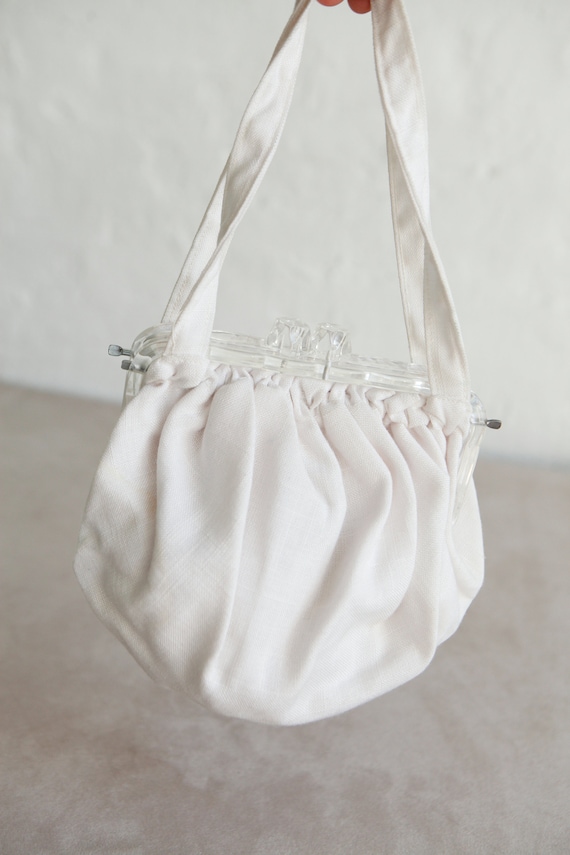 Vintage White Ivory Linen Purse Clear Chunky Lucit