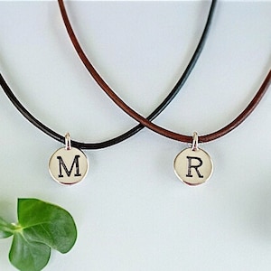 Engraved Initial Pendant Leather Necklace, Custom Monogram Necklace, Personalized Initial Jewelry, Name Necklace, Gift for Her