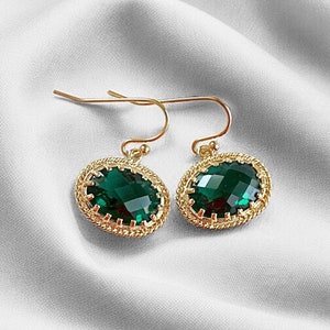 Green Crystal Gold Drop Earrings, Emerald Dangle Earrings, Sparkly Jewelry, Elegant Accessories, Women&#39;s Gift