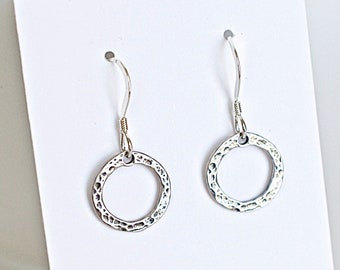 Hammered Hoop Earrings, Sterling Silver Circles, French Wires, Minimalist Jewelry