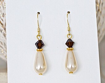 Teardrop Earrings, Almond Pearl, Swarovski Mocca, Dangle Earrings