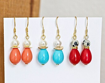 Teardrop Earrings, Glass Pearl, Dalmatian Jasper, Gold Plated, French Ear Wires