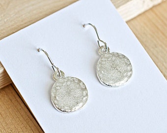 Sterling Silver Plated, Circle Drop, Hammered Style, French Wires, Dangle Earrings