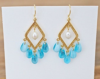 Chandelier Earrings, Blue Teardrops, 10K Gold Plated, Ornate Drops