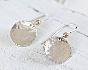 Hammered Earring, Round Charm, Sterling Silver French Wires with Gold Filled Bead, Minimalist