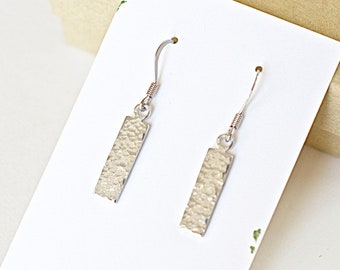 Hammered Earring, Bar Earrings, Rectangle Charm, Stainless Steel French Wires, Minimalist Jewelry