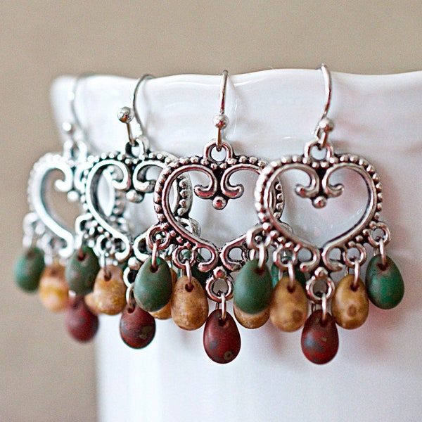 Teardrop Matte Picasso Mix, Antique Silver Ear Wires, Bohemian Chandelier Earrings