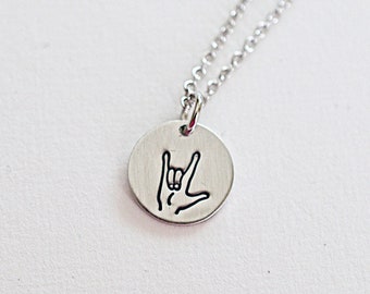 I Love You, Hand Stamped Pendant, Matte Metal Stamped, ASL Sign Language, Hand Gesture, Minimalist Necklace