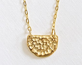 Half Circle Pendant, Hammered Style, 10K Gold Plated, Elongated Cable Chain, Minimalist Necklace