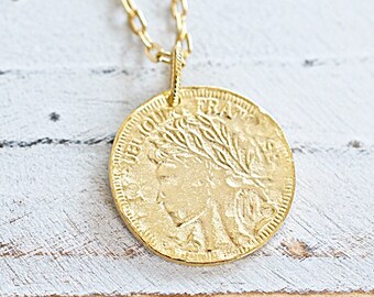 Antique French Coin Style Pendant, 10K Gold Plated, Cable Chain Necklace