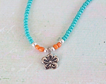 Sea Foam Seed Bead Necklace, Sterling Silver Flower or Star Charm, Friendship Jewelry