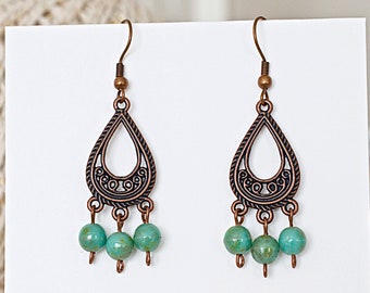 Copper Chandelier, Picasso Green Turquoise, Fishhook Earrings