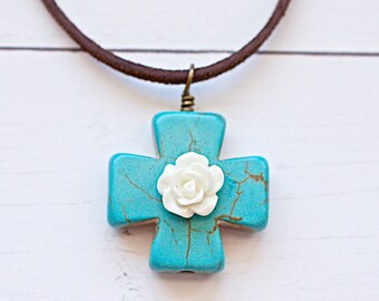 Blue Turquoise Pendant, Cross with Rose, Suede Necklace