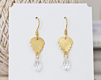 Swarovski Faceted Clear Teardrops, Gold Filled Leaf Earrings