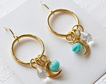 Hoop Earrings Crescent Moon, Crystal Teardrop, Aqua Green Bead, 10K Gold Plated Circles, French Wires