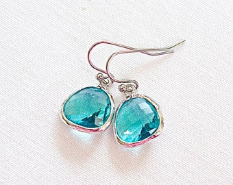 Aqua Blue, Faceted Crystal Drop, Silver Earrings