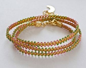 Triple Wrap Macrame Beaded Bracelet, Gold Nylon Thread with Green and Pink Translucent Seed Beads, Gold Plated