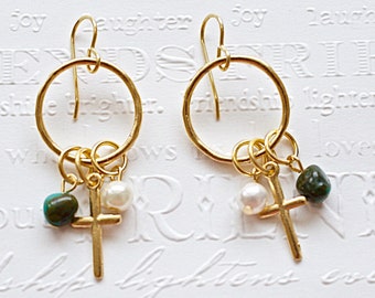 Hoop Earrings with Cross, Pearl and Turquoise Pebble, 10K Gold Plated Circles, French Wires
