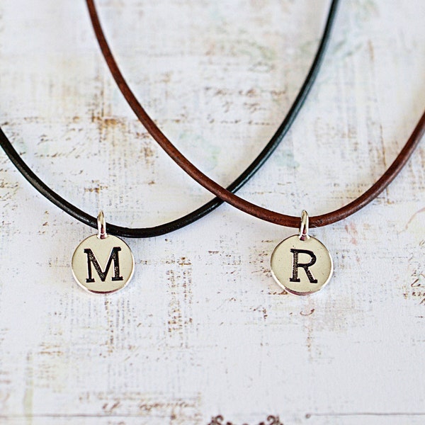 Initial Necklace, Personalized Charm, Engraved Initial Pendant, Black, Brown, Leather Cord