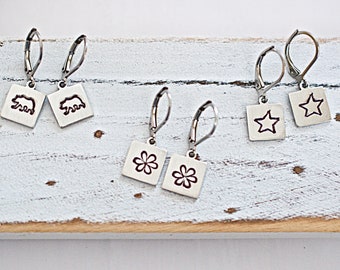 Hand Stamped, Matte Square, Lever Back Earrings, Mama Bear, Wildflower, Shooting Star, Dainty Jewelry