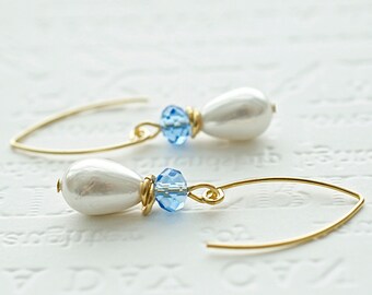 Mother Of Pearl White Teardrop, Blue Faceted Bead, Gold Plated Earrings