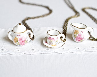 Teacup Pendant, Creamer and Sugar Bowl, Miniature Tea Party Necklace, Dollhouse Jewelry