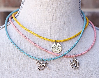 Personalized Necklace, Turquoise, Pink or Yellow, Braided Leather, Cowgirl Necklace, Horseshoe, Lotus Flower, Baby Feet Heart, You Choose