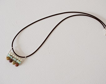 Gemstones Pendant Handcrafted with Jasper, Heishi and Pearls Dark Brown Leather Necklace