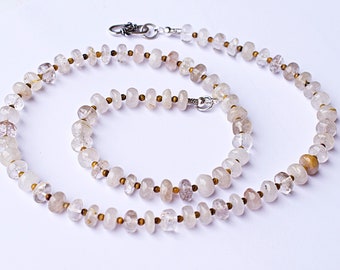 Rutilated Quartz Natural Uneven Rondelle Beads with Tiny Tiger Eye Beaded Necklace