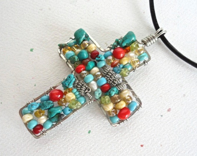 Beaded Cross Necklace Turquoise Coral Glass Beads Silver Coils Etsy