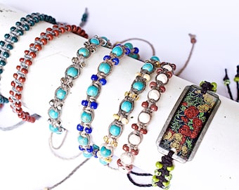 Macrame Beaded Bracelet, Turquoise Stone, Boho Bead Bracelet, Gift for her