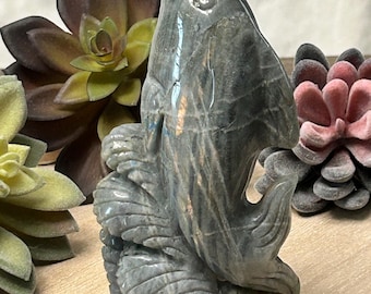 Hand Carved Labradorite Dolphin – 5” Crystal Dolphin with Sunset Orange Flash