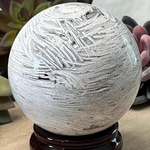 76mm Thousand Layer Agate Sphere – Banded Gray Crystal Ball with Druzy, Stand Included