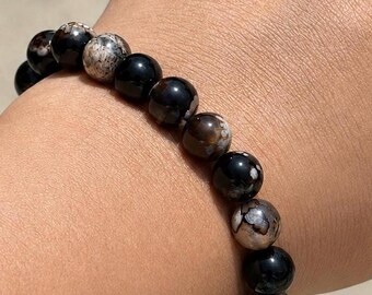 9mm Natural Black Flower Agate Crystal Beaded 7” Stretch Bracelet