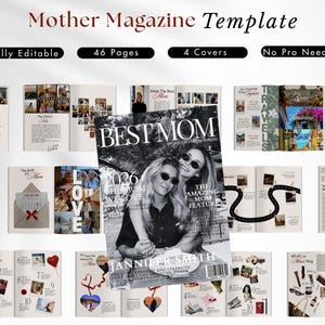 Könnte beinhalten: Ein Magazin-Template mit dem Titel "Mother Magazine Template" mit dem Text "Vollständig bearbeitbar", "46 Seiten", "4 Cover" und "Kein Pro erforderlich". Das Cover des Magazins zeigt zwei Frauen mit Sonnenbrillen. Das Magazin ist auf verschiedenen Seiten geöffnet.
