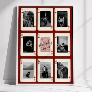 May include: A framed print featuring nine playing card designs with black and white photographs. The central card reads "How lucky are we". The frame is white, and the background is a deep red.