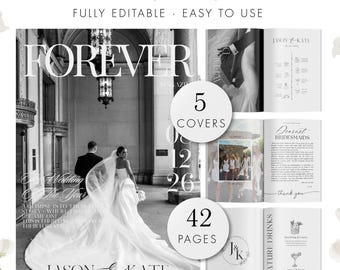 Canva Wedding Magazine Template, printable wedding program, editable photo booklet, modern wedding newsletter, 42 pages, instant download