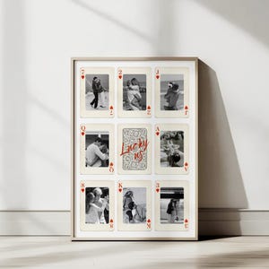 Custom “Lucky Us” couple poster inspired by classic playing cards, ideal for Valentine’s Day, anniversaries, birthdays, or last-minute romantic gifts, fully editable Canva template, printable digital download, personalize text, colors, fonts, layout, add multiple photos and initials, modern aesthetic wall art for couples, romantic keepsake for him, her, or newlyweds.
